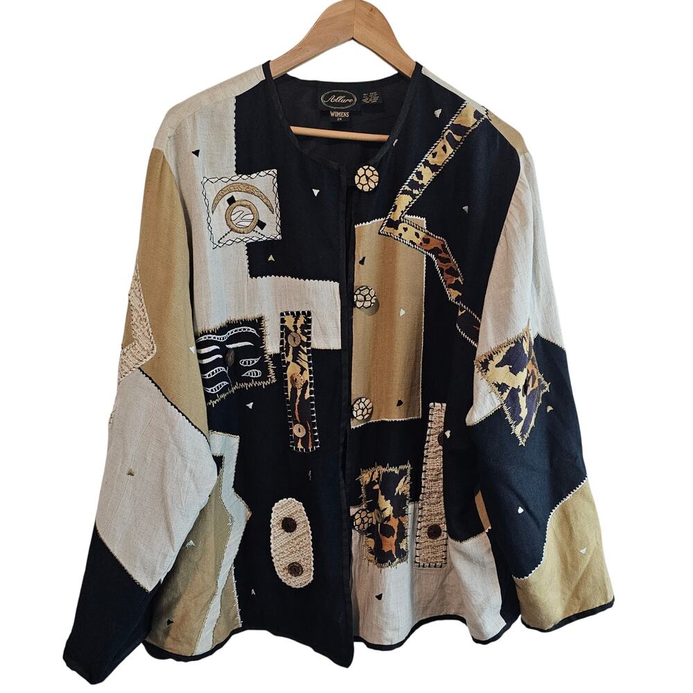 Vintage Allure Blazer Womens Size 2X Black 3D Animal Print 90s Art To Wear Boho